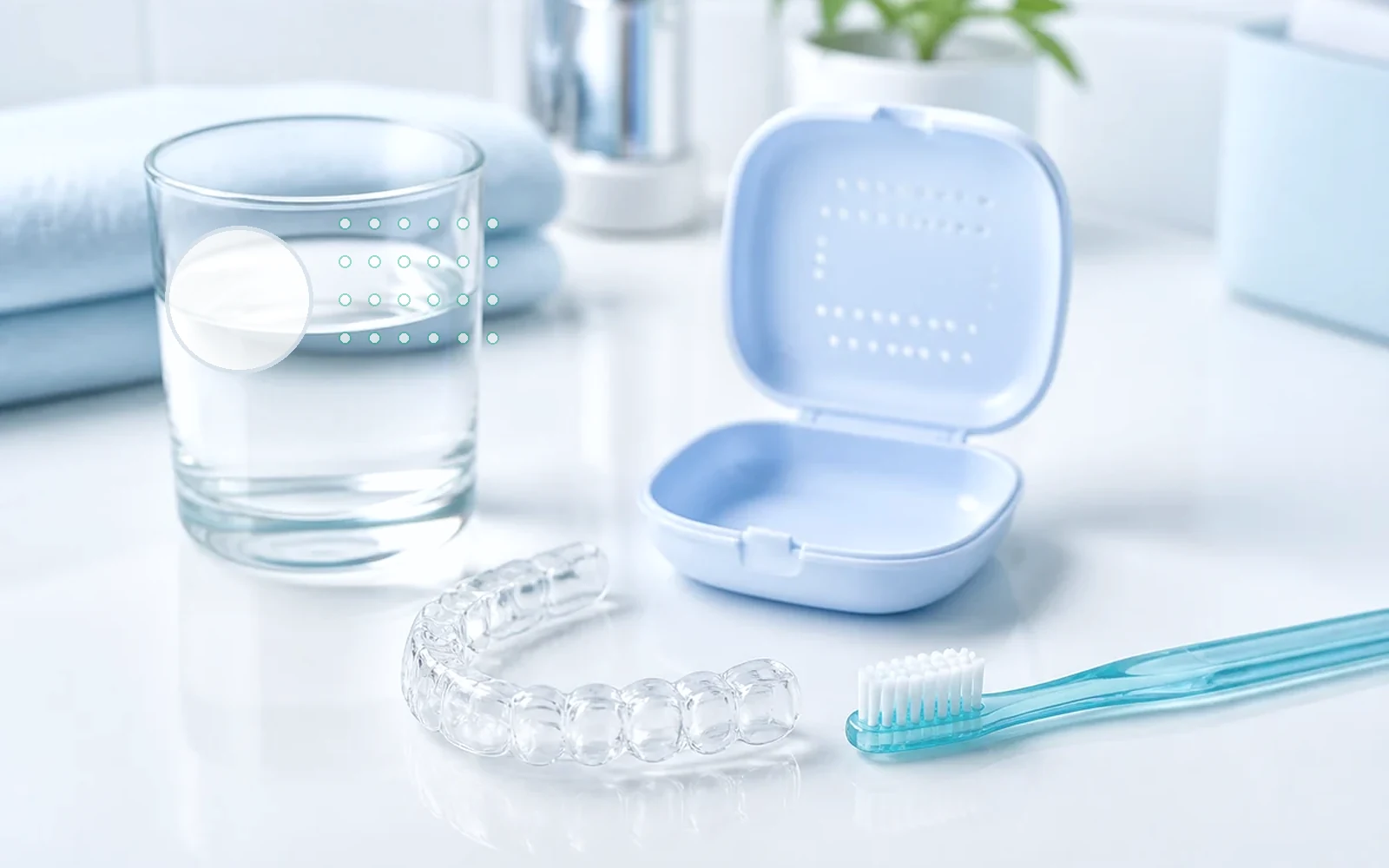 Pastilla limpiadora en agua junto a férula dental transparente