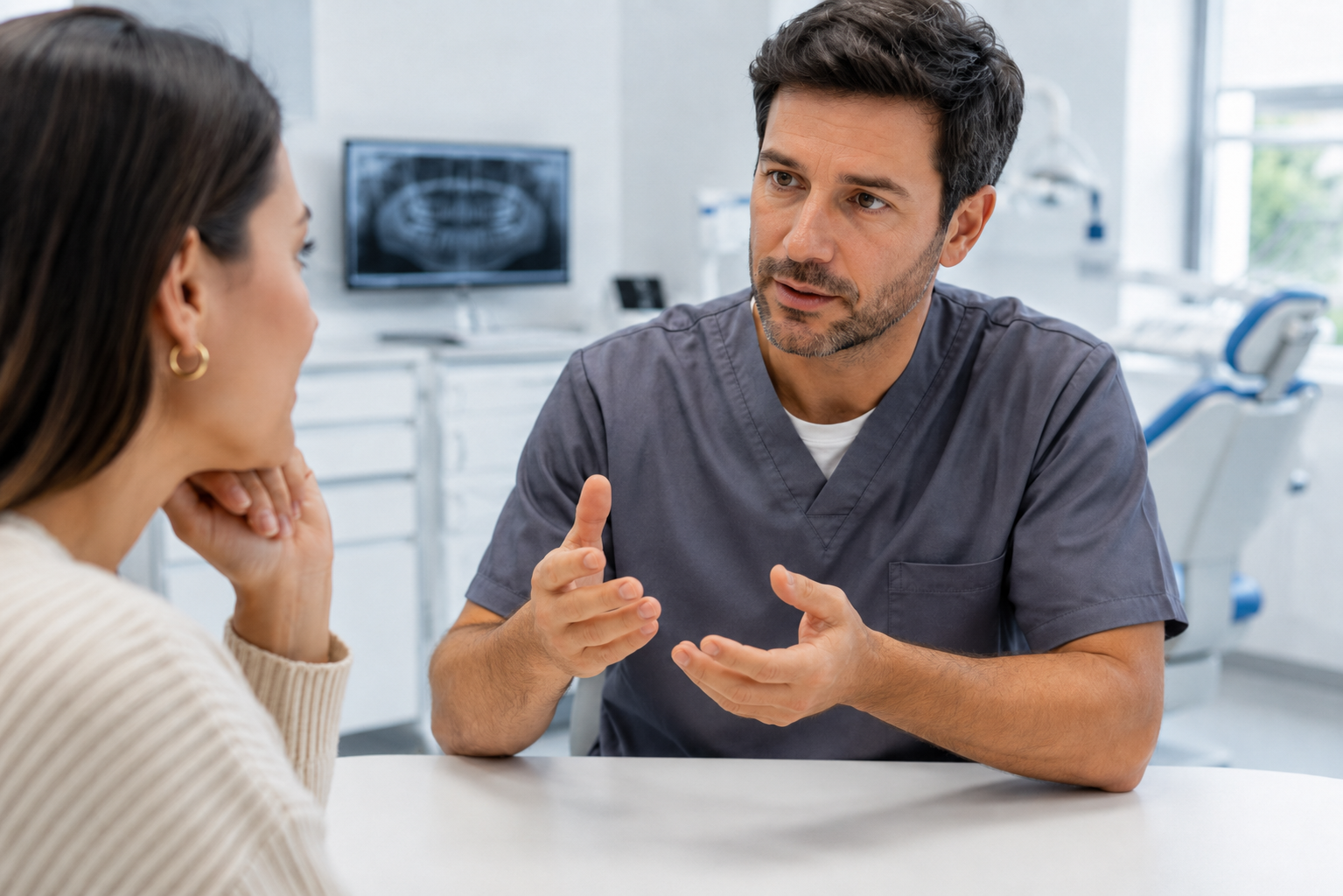 Dentista explicando opciones de tratamiento para bruxismo y férula de descarga