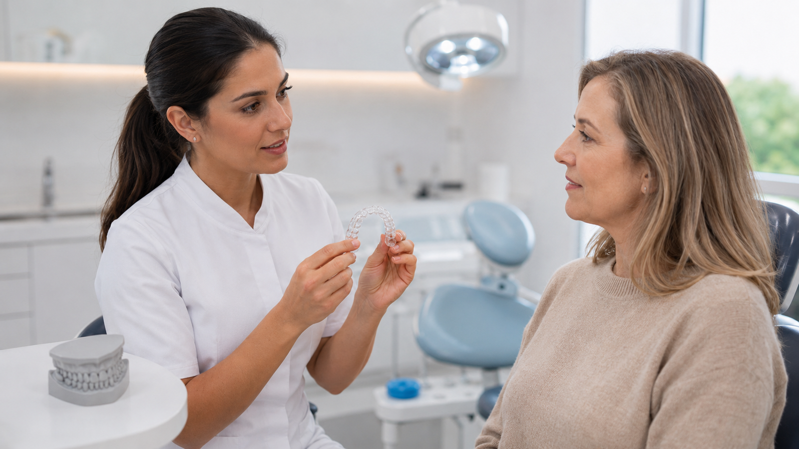 Dentista mostrando una férula superior transparente a una paciente en consulta
