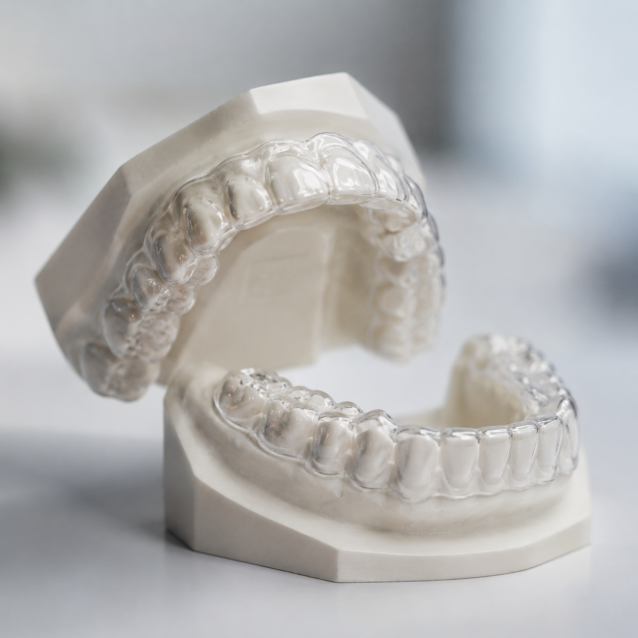Férula de descarga transparente colocada sobre modelo dental
