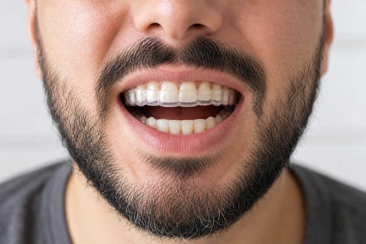 Férula dental colocada en boca para proteger los dientes
