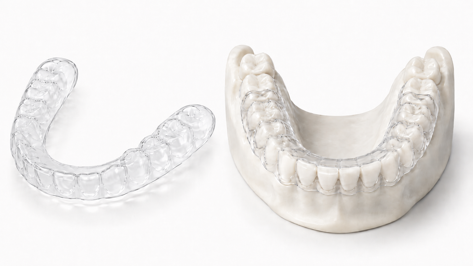 Férula inferior transparente colocada sobre un modelo dental de la arcada inferior