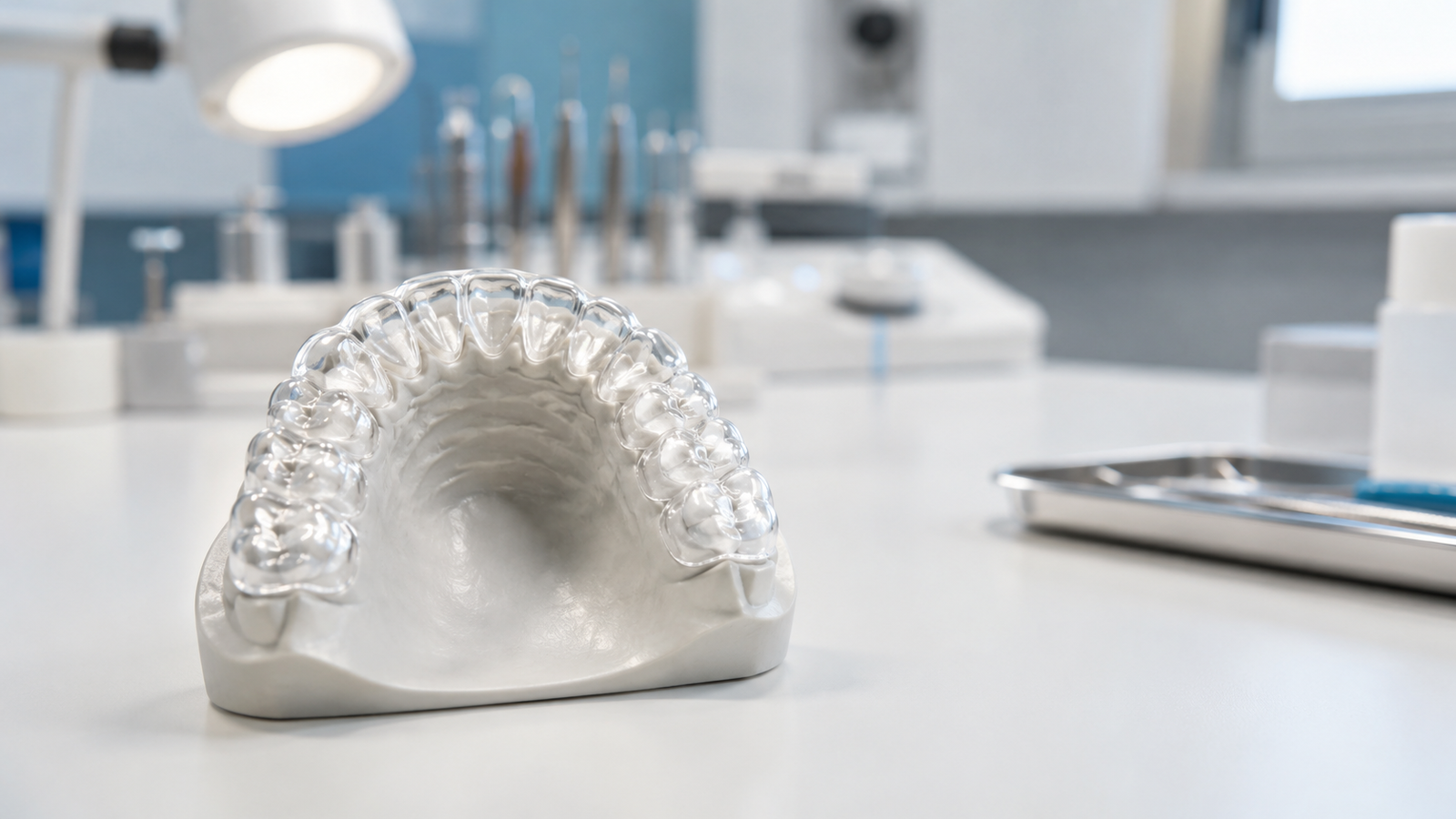 Férula superior transparente colocada sobre un modelo dental en laboratorio