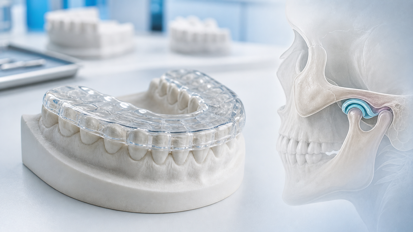 Férula de descarga para ATM sobre modelo dental con apoyo didáctico de articulación temporomandibular