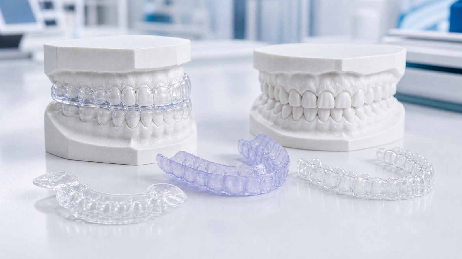 Diferentes tipos de férulas dentales sobre modelos de laboratorio