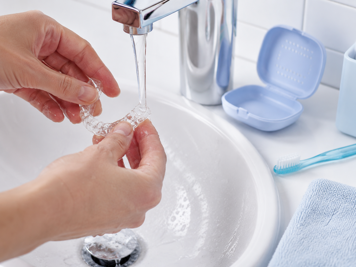 Férula dental transparente lavada con agua bajo el grifo