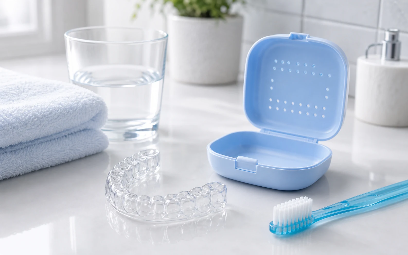 Protector bucal transparente para dormir junto a caja de higiene dental